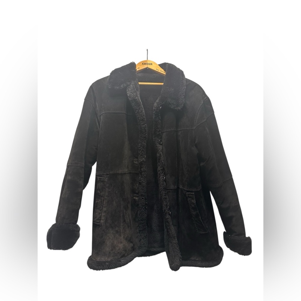 100% real suede reversible Women's black Shearling 3/4 length Jacket size M